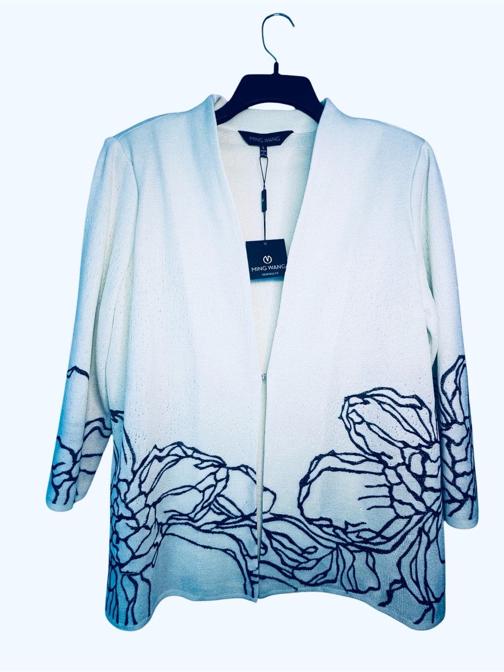 Ming Wang Green Open-Front Jacket with Navy Floral Outline